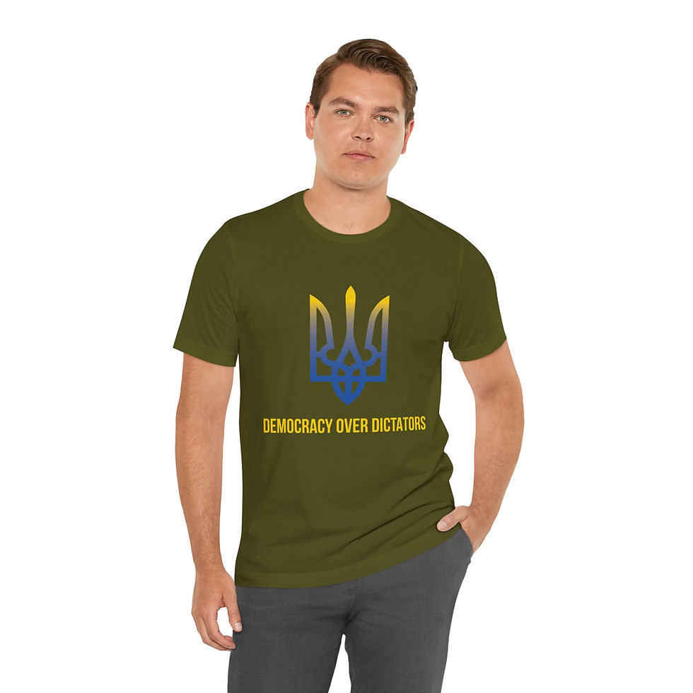 Thumbnail: Man in olive green Unisex Tee, Ukrainian Coat of Arms Trident, "Democracy Over Dictators"