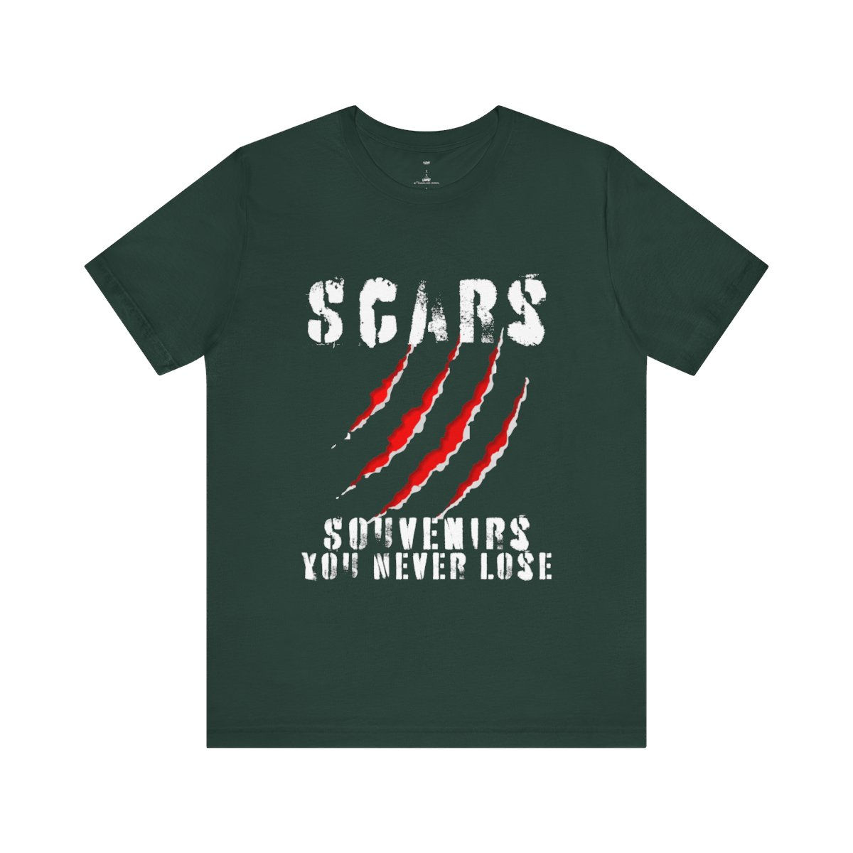 Dark green t-shirt with "SCARS" and "Souvenirs You Never Lose"