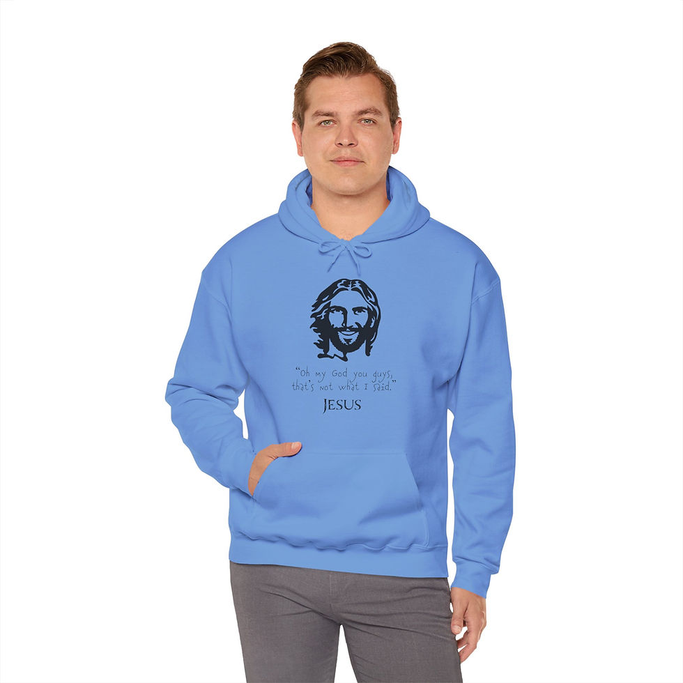 Thumbnail: Man in blue hoodie with Jesus' face and quote: Oh my God you guys, that's not what I said. - Jesus