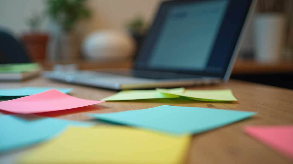 Eye-level view of a cluttered desk with colorful sticky notes and a laptop