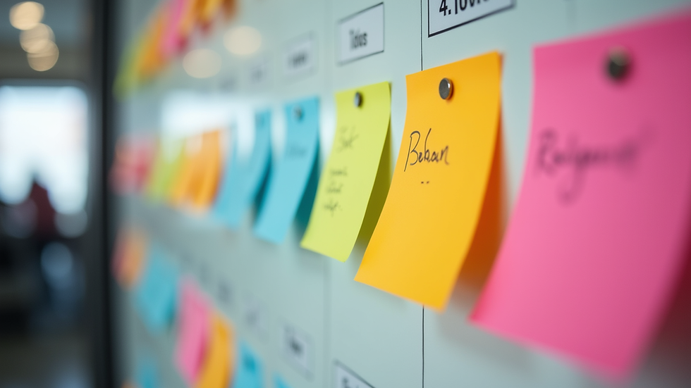 Close-up view of a colorful Kanban board with sticky notes