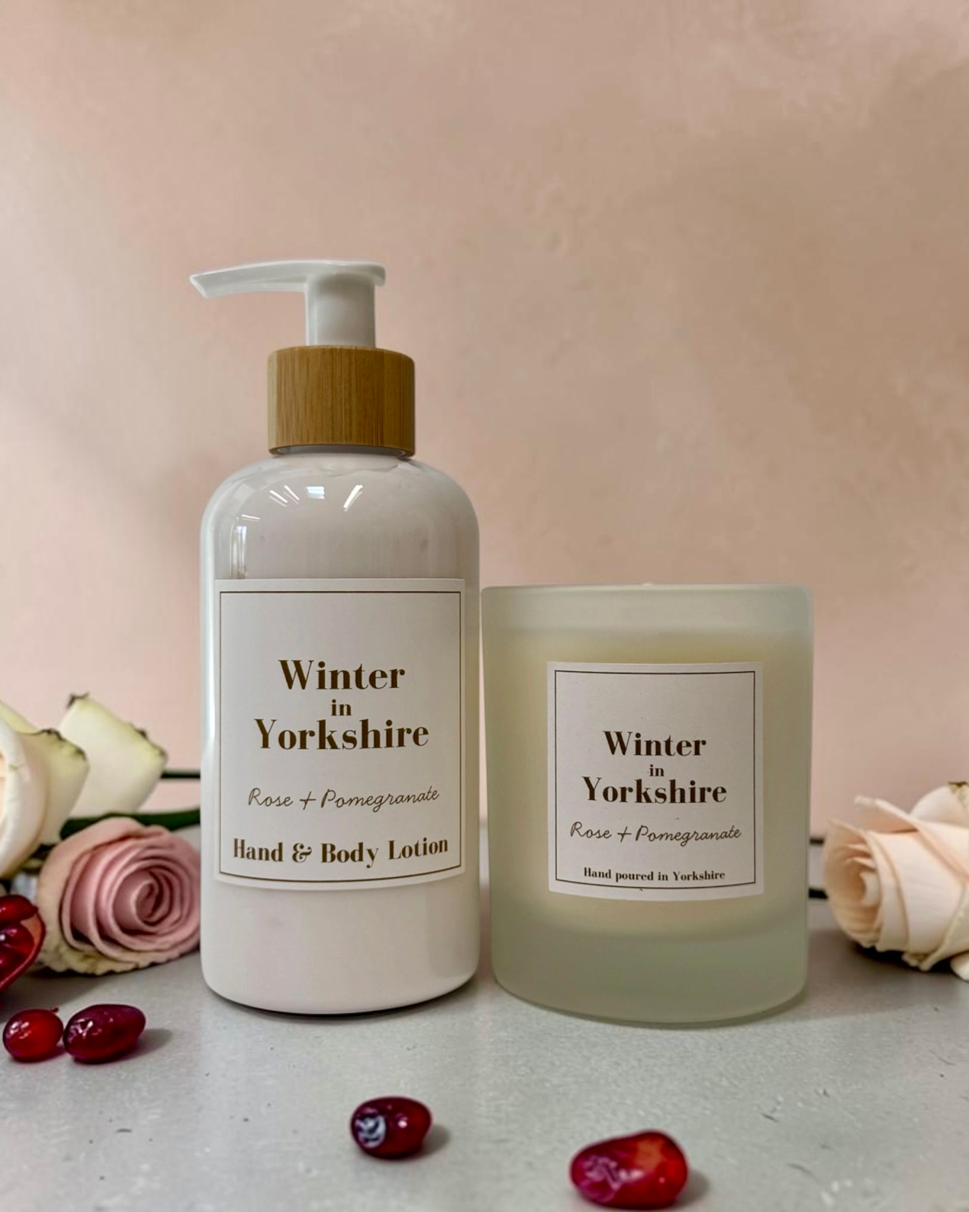 Winter in Yorkshire - Rose & Pomegranate Candle and Hand Care Gift Set