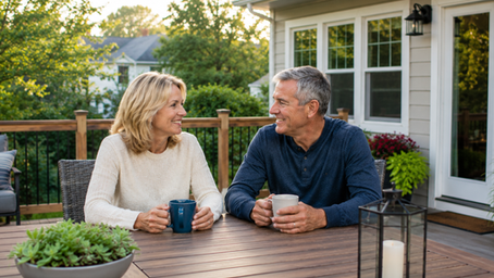 Happy middle-aged couple drinking coffee