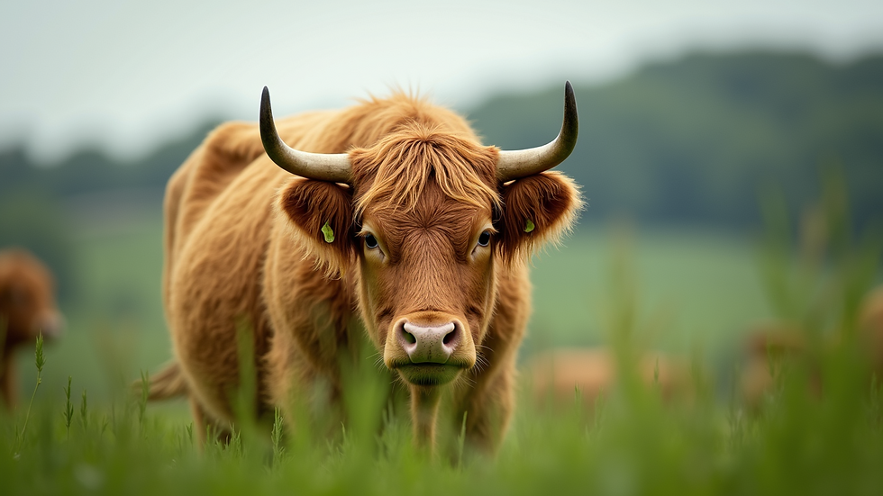 Eye-level view of a Highland cow grazing in a lush green field