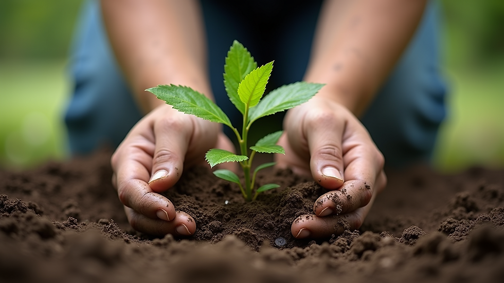 Close-up view of hands planting a small tree in soil