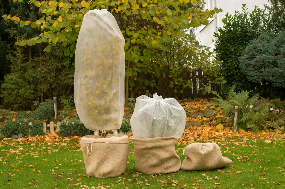 Plantes dans un jardin recouvertes chacune d'un voile d'hivernage