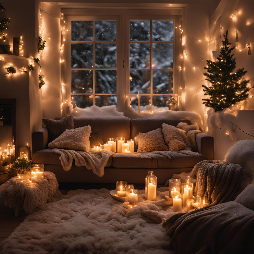 Cozy living room with candles on a sofa and rug. Snowy scene outside the window. Warm lights and blankets create a serene, magical mood.