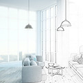 3D Interior Design which shows the color 3D visual on one side and the sketch side on the other half.