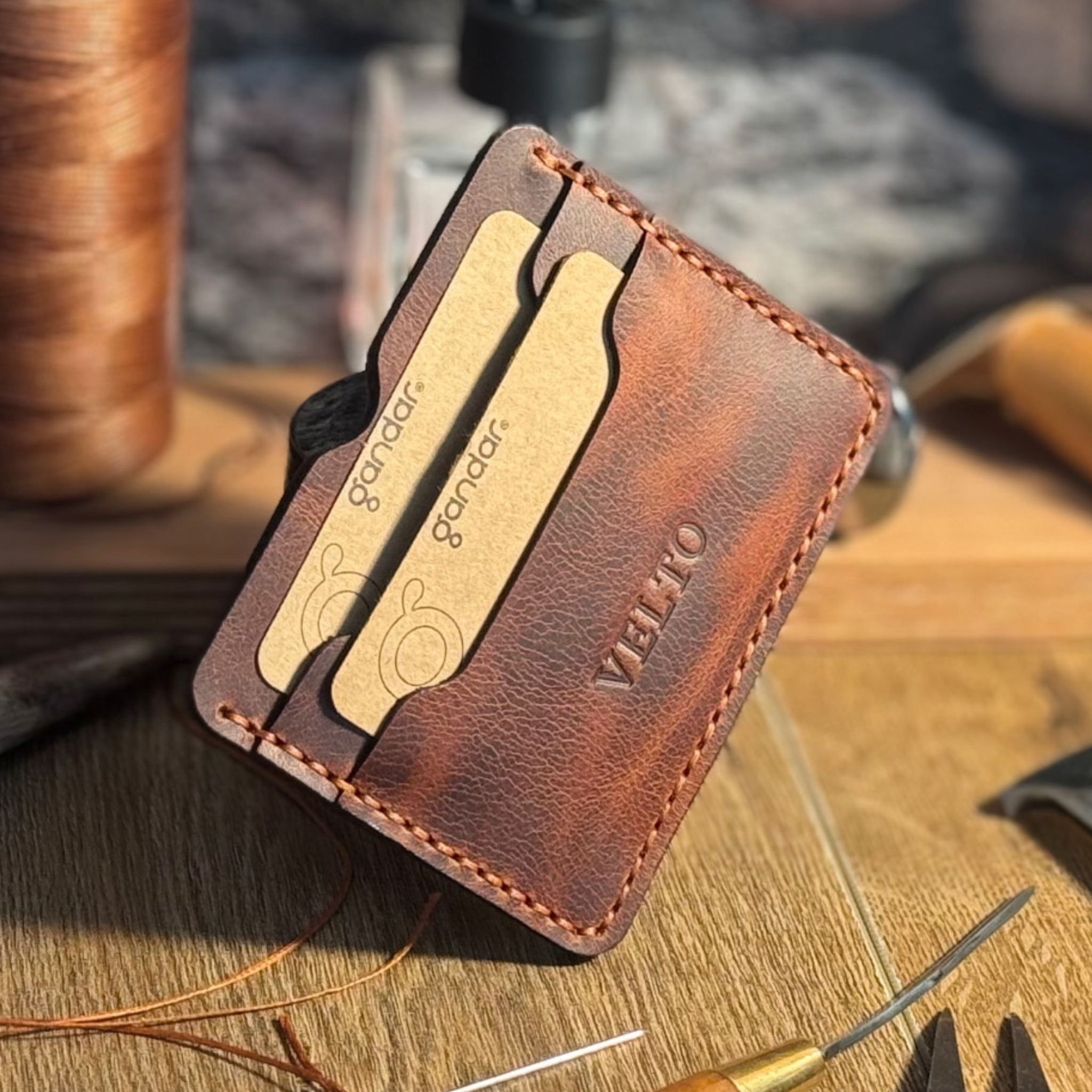 VELTO / El Dikişli Minimal Model Hakiki Deri Kartlık (İsim Basılabilir)