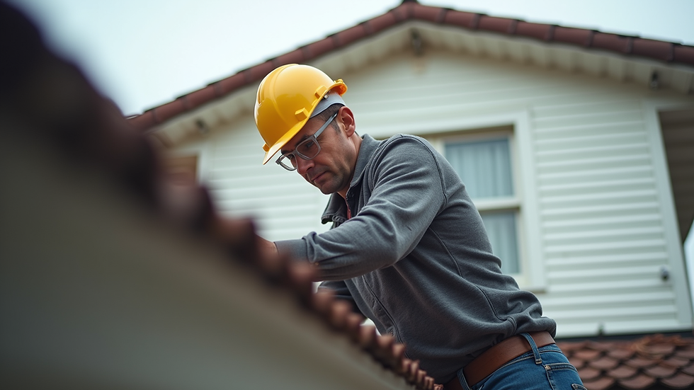 Eye-level view of a home inspector examining the roof of a house
