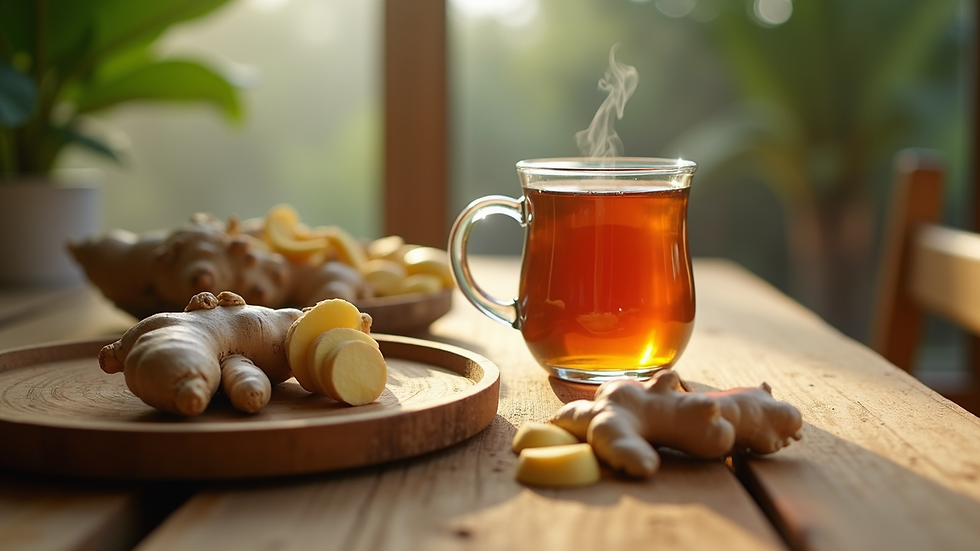 Eye-level view of a wooden table with herbal teas and fresh ginger root