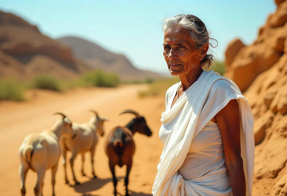 In a sunlit rural landscape, a woman stands confidently, embodying the transformative power of micro-leasing in livestock-based livelihoods, showcasing a gender-smart approach to economic empowerment.