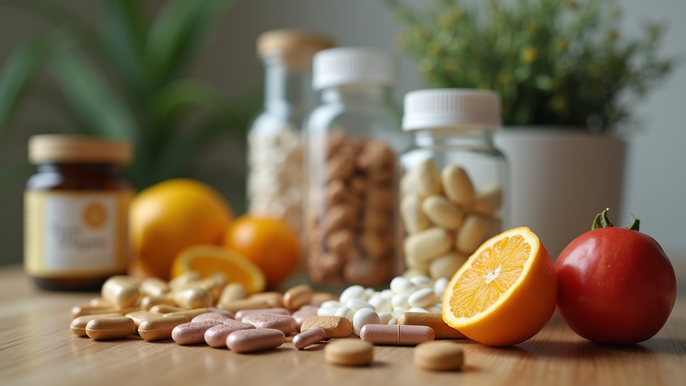 Close-up view of a variety of health supplements on a wooden table