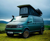 camper conversion; vw camper conversion; bespoke campervan; bespoke campervan interiors; custom design camper; vw transporter camper; dub alchemy; high end campervan; high end day van; day van; campervan inspiration; pop top roof; forest green wrap; wrapped campervan; bf goodridge; green swamper; green campervan; 