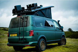 camper conversion; vw camper conversion; bespoke campervan; bespoke campervan interiors; custom design camper; vw transporter camper; dub alchemy; high end campervan; high end day van; day van; campervan inspiration; pop top roof; green swamper; forest green wrap; swamper; bf goodridge; off road campervan