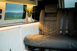 camper conversion; vw camper conversion; bespoke campervan; bespoke campervan interiors; custom design camper; vw transporter camper; dub alchemy; high end campervan; high end day van; day van; camper kitchen; campervan inspiration; camper kitchen inspiration; bespoke camper kitchens; leather seats; RIB bed