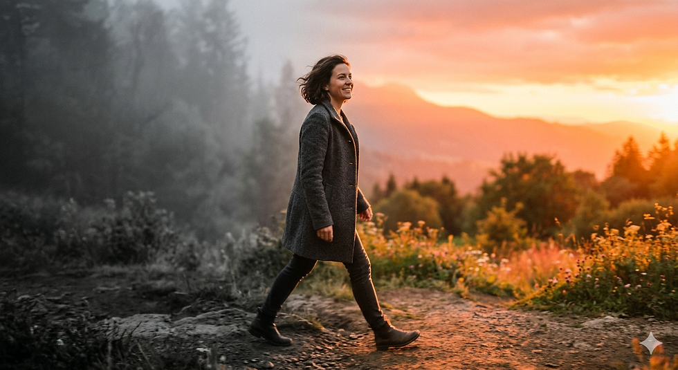 A woman walking out of the grey and into a beautiful new life in a golden hued landscape