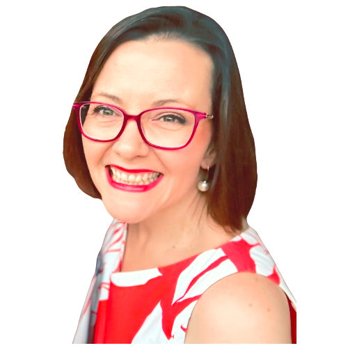 Image of nutritionist Susie Allen with red glasses wearing a red and white dress