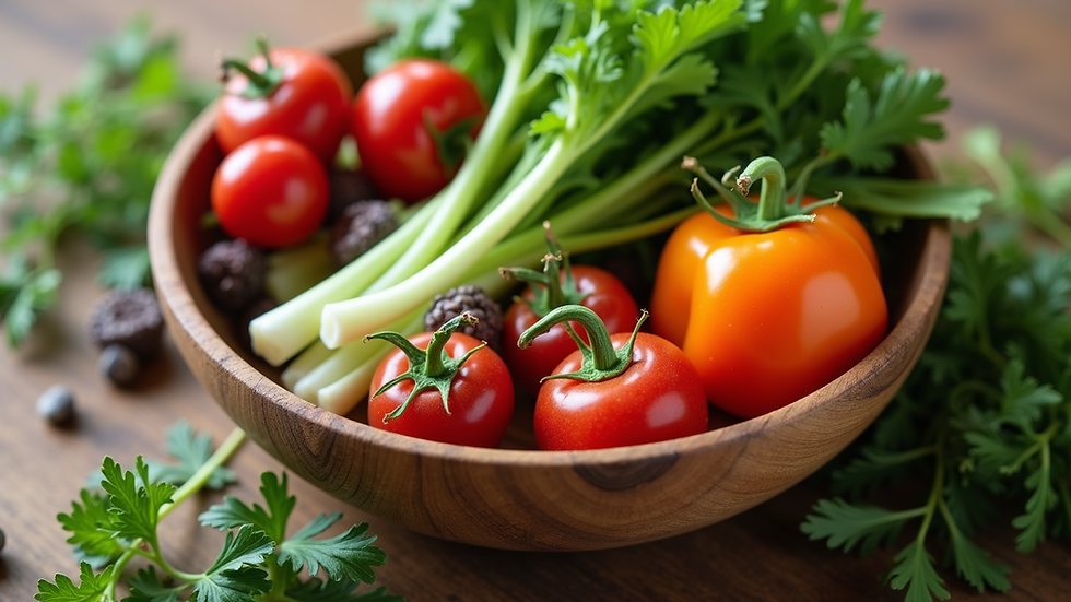 Close-up view of a bowl of fresh vegetables and herbs for gut health