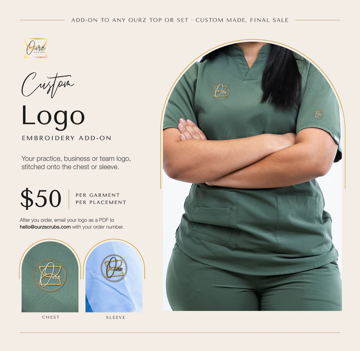 Custom logo embroidery add-on for medical scrubs