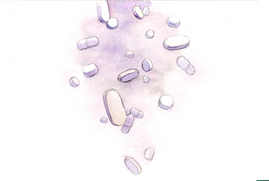 頭痛のために長年薬を飲み続けてきた女性のストーリーを表す、薬のイラスト付き画像。森の整体院の頭痛改善事例投稿。