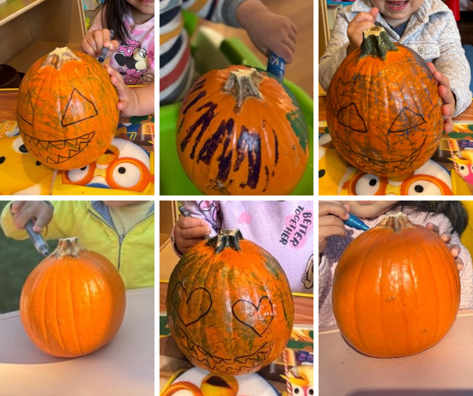 Hand-painted pumpkins decorated by children at i-Immersion's trunk-or-treat event for Halloween. Kids used markers to create fun, unique designs as part of their October art project.