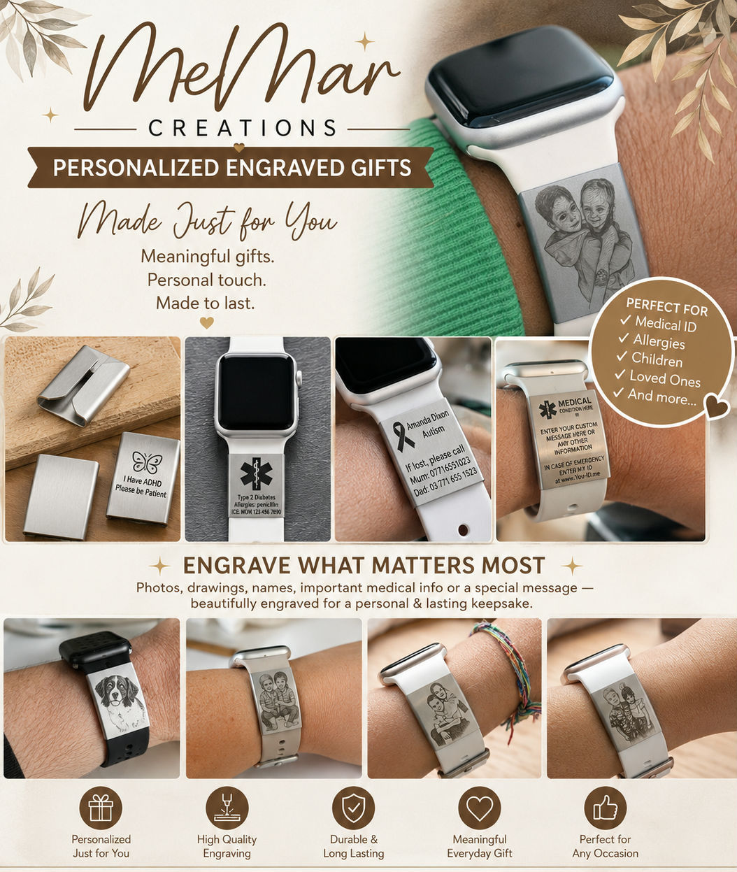 Watch Strap Photo Charm Engraved Custom Gift for Mum Christmas stocking birthday