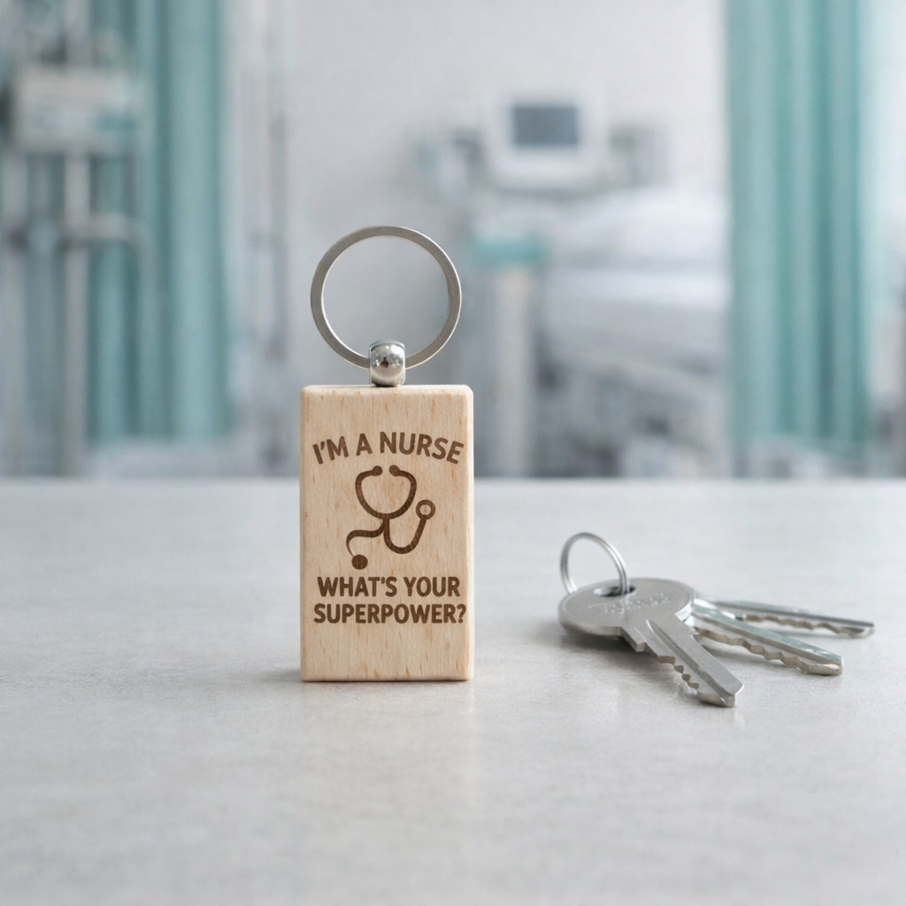 I’m a Nurse, What’s Your Superpower? Wooden Engraved Keyring – Nurse Gift