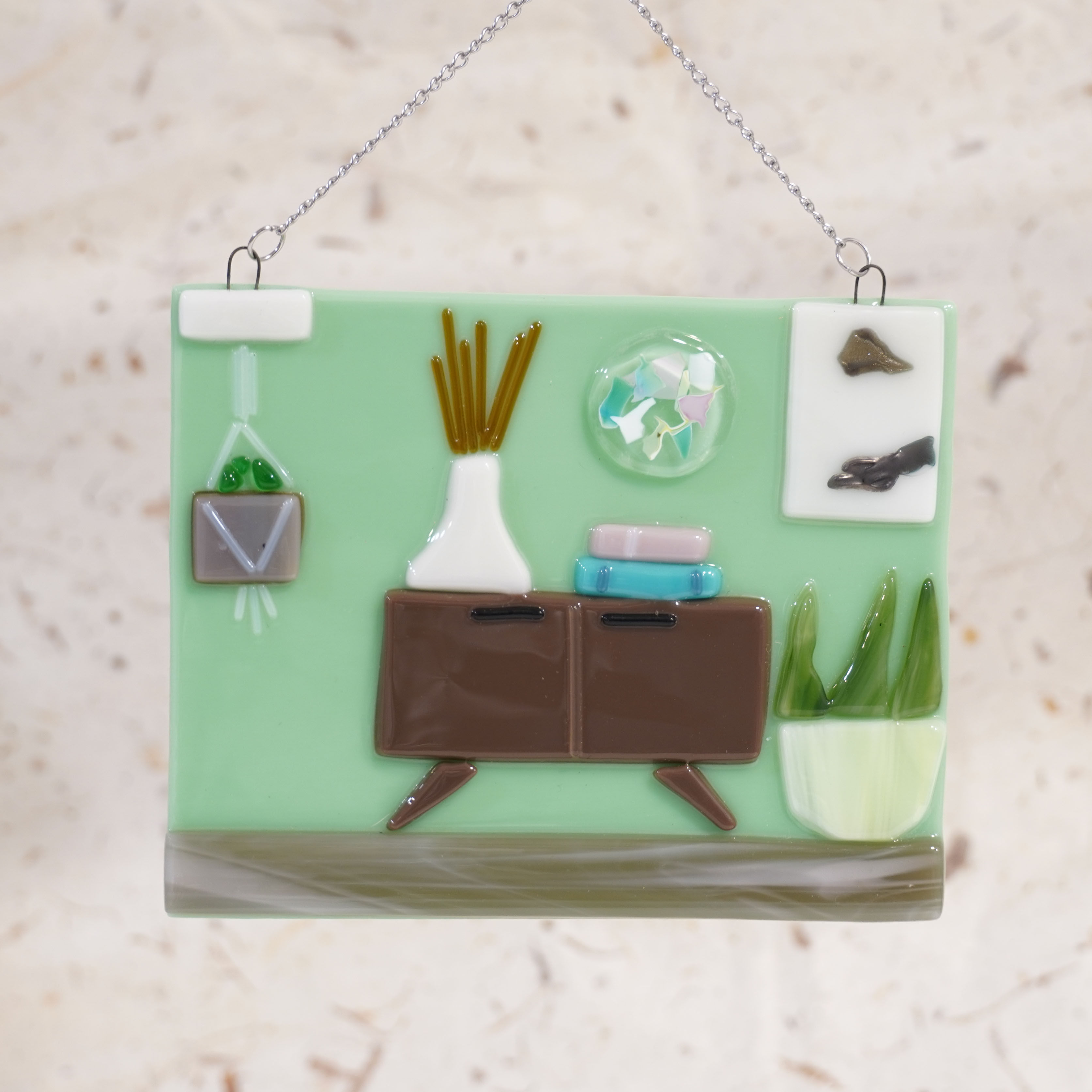 Fused Glass Mini Room - Credenza, Hanging Plant