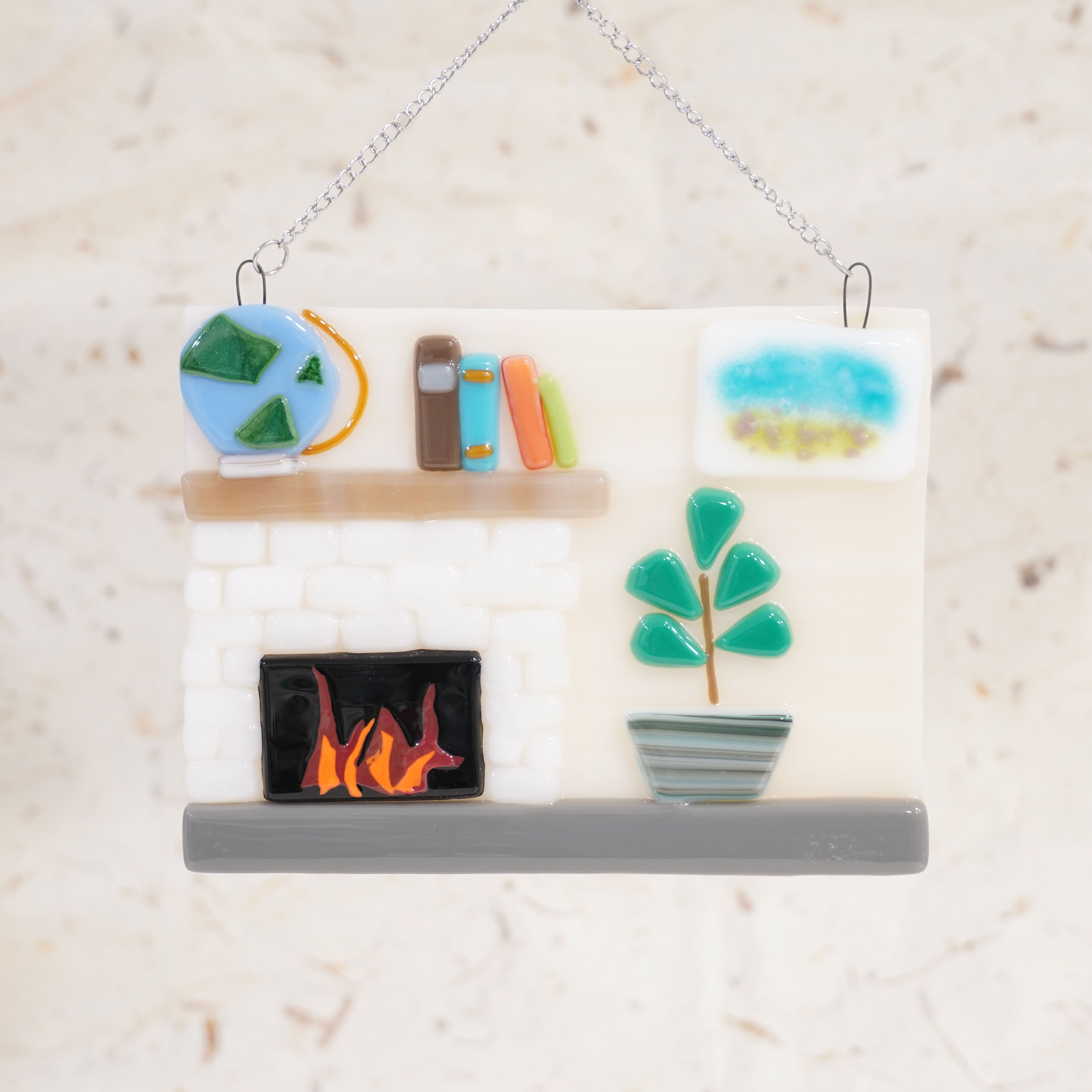 Fused Glass Mini Room - Fireplace, Houseplant, Globe