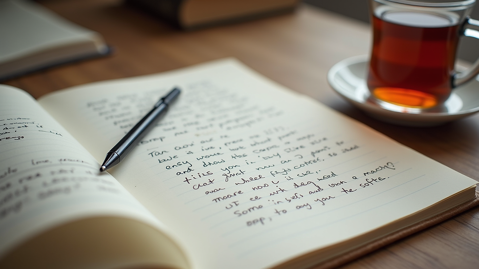 Close-up view of a journal with personal growth notes and a cup of tea