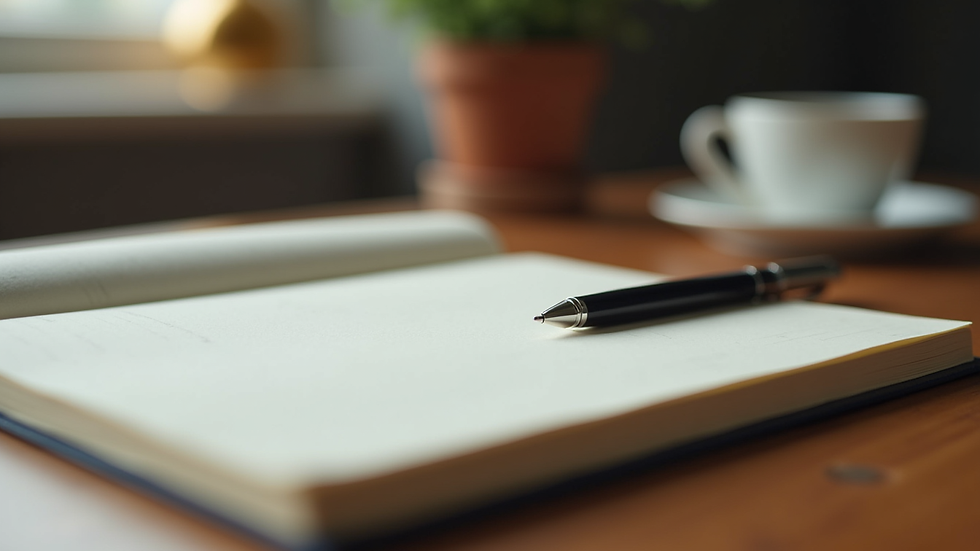 Close-up view of a journal and pen on a wooden desk