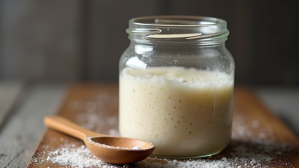 Eye-level view of a glass jar with sourdough starter and a wooden spoon beside it