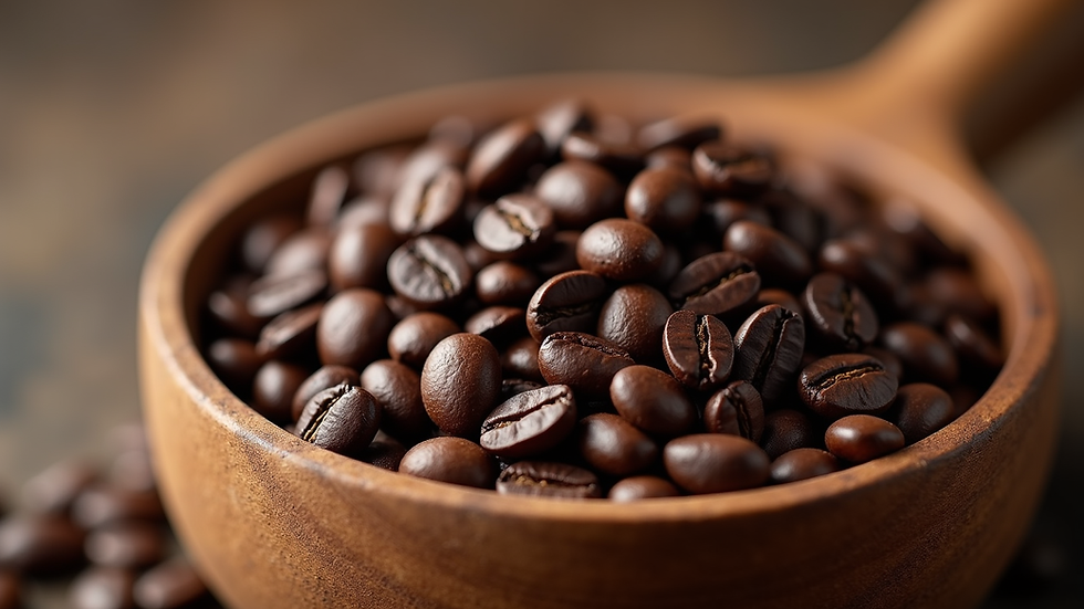 Close-up view of roasted coffee beans in a wooden bowl