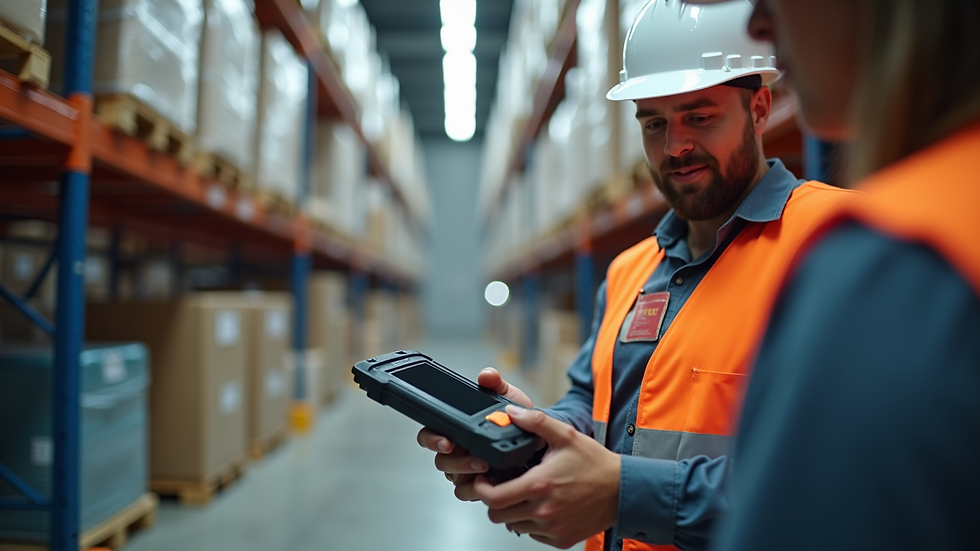Eye-level view of a facility manager scanning an asset tag with a handheld device