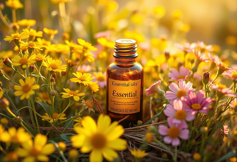 create warm yellow light background for main website page with essential oils and flowers,