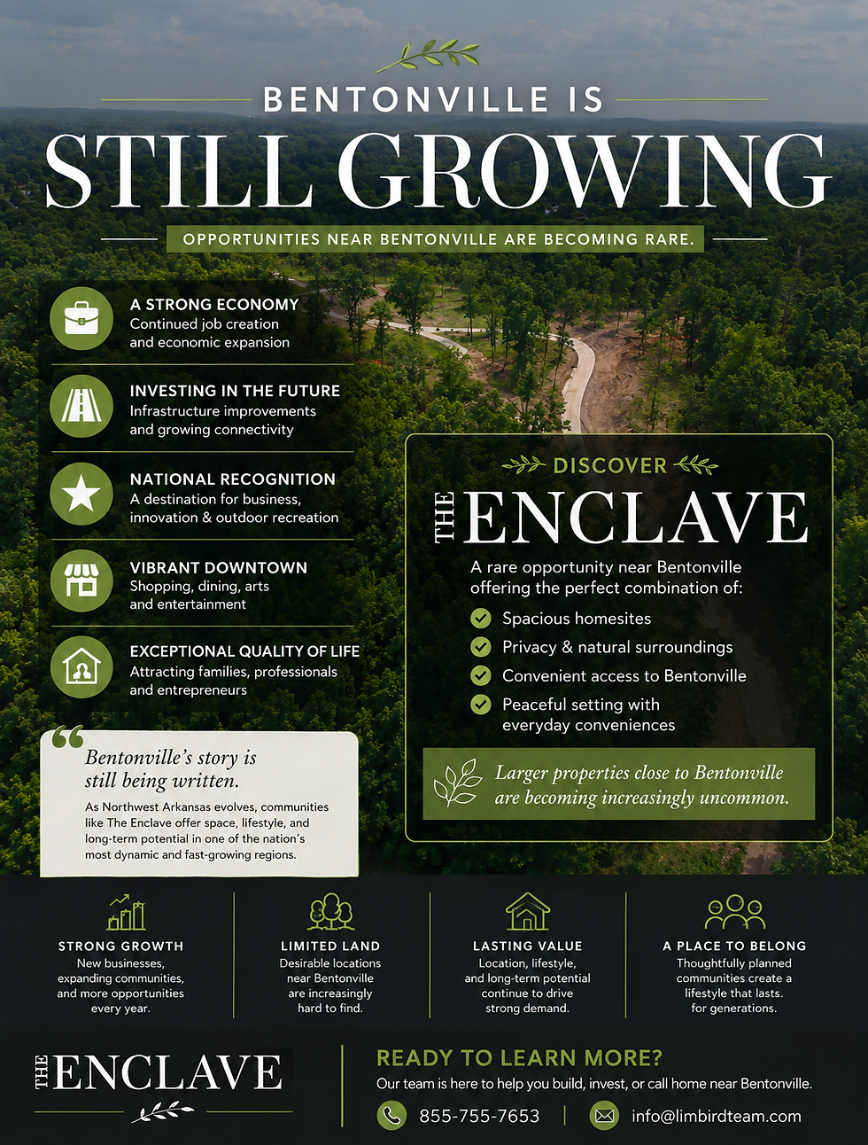 A scenic view of The Enclave near Bentonville, Arkansas, showcasing spacious homesites, natural surroundings, and a peaceful setting that highlights the area's growth and long-term real estate potential.