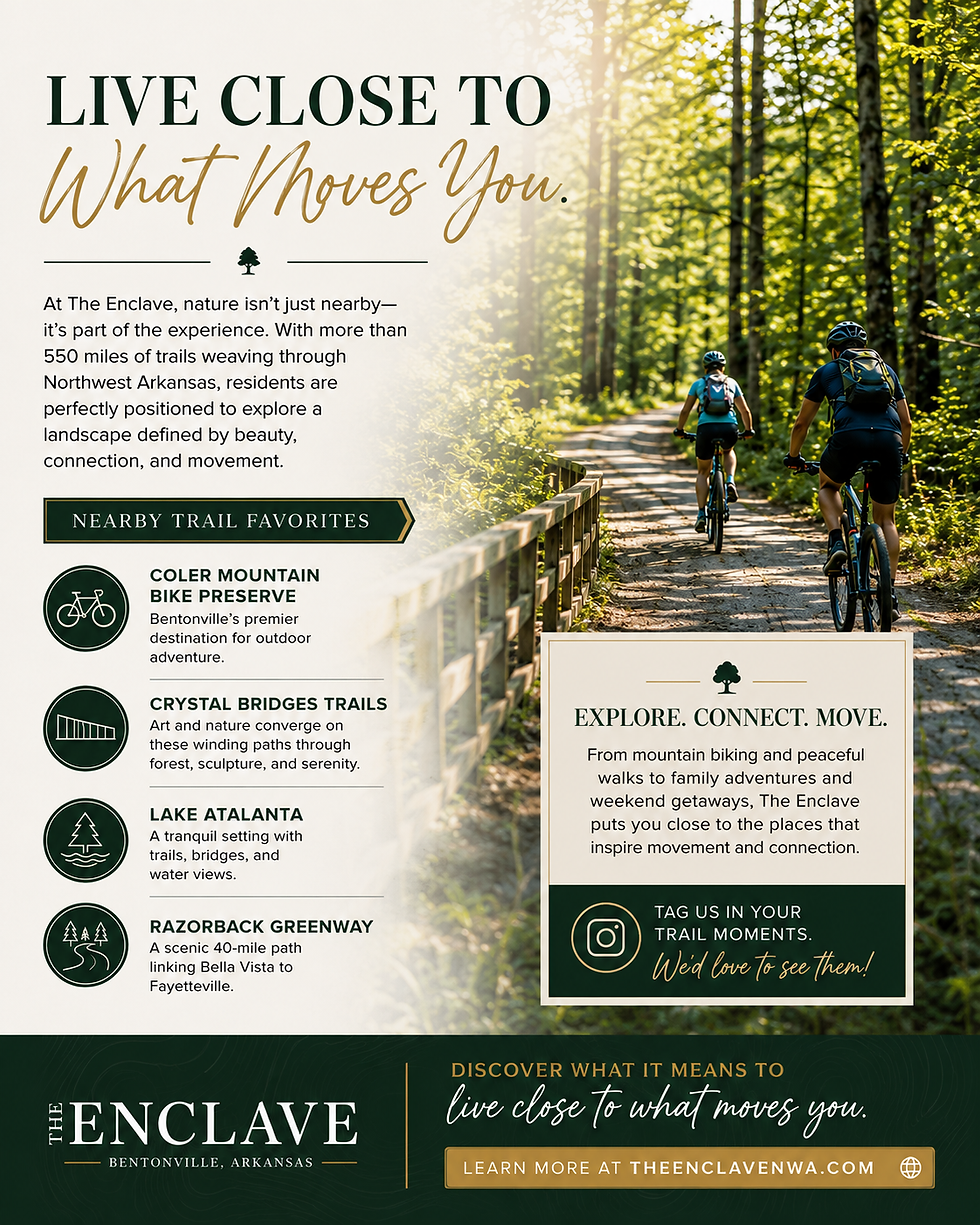 Wooded estate homesites at The Enclave near Bentonville, Arkansas, surrounded by Northwest Arkansas outdoor recreation and trail access.
