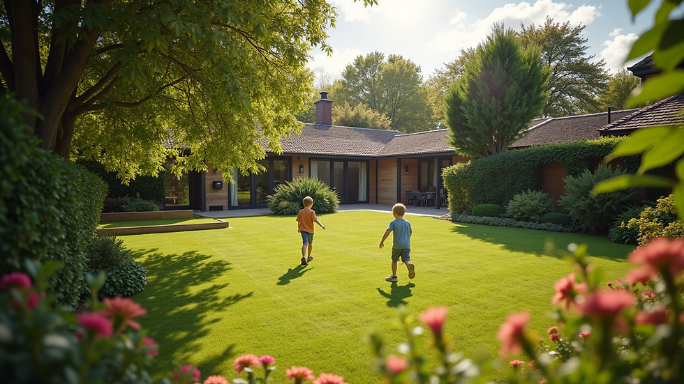 High angle view of a well-maintained garden area with children playing