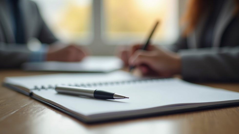 Close-up view of a notebook and pen on a counselling desk