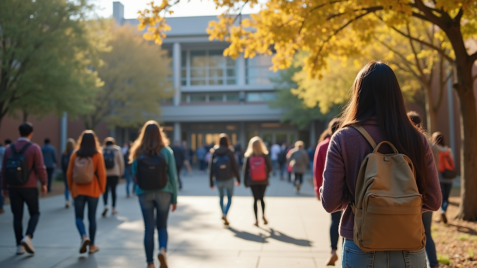 Wide angle view of a vibrant school courtyard filled with students from diverse backgrounds