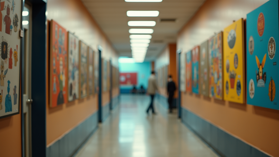 Eye-level view of a colorful display of cultural artifacts in a school hallway