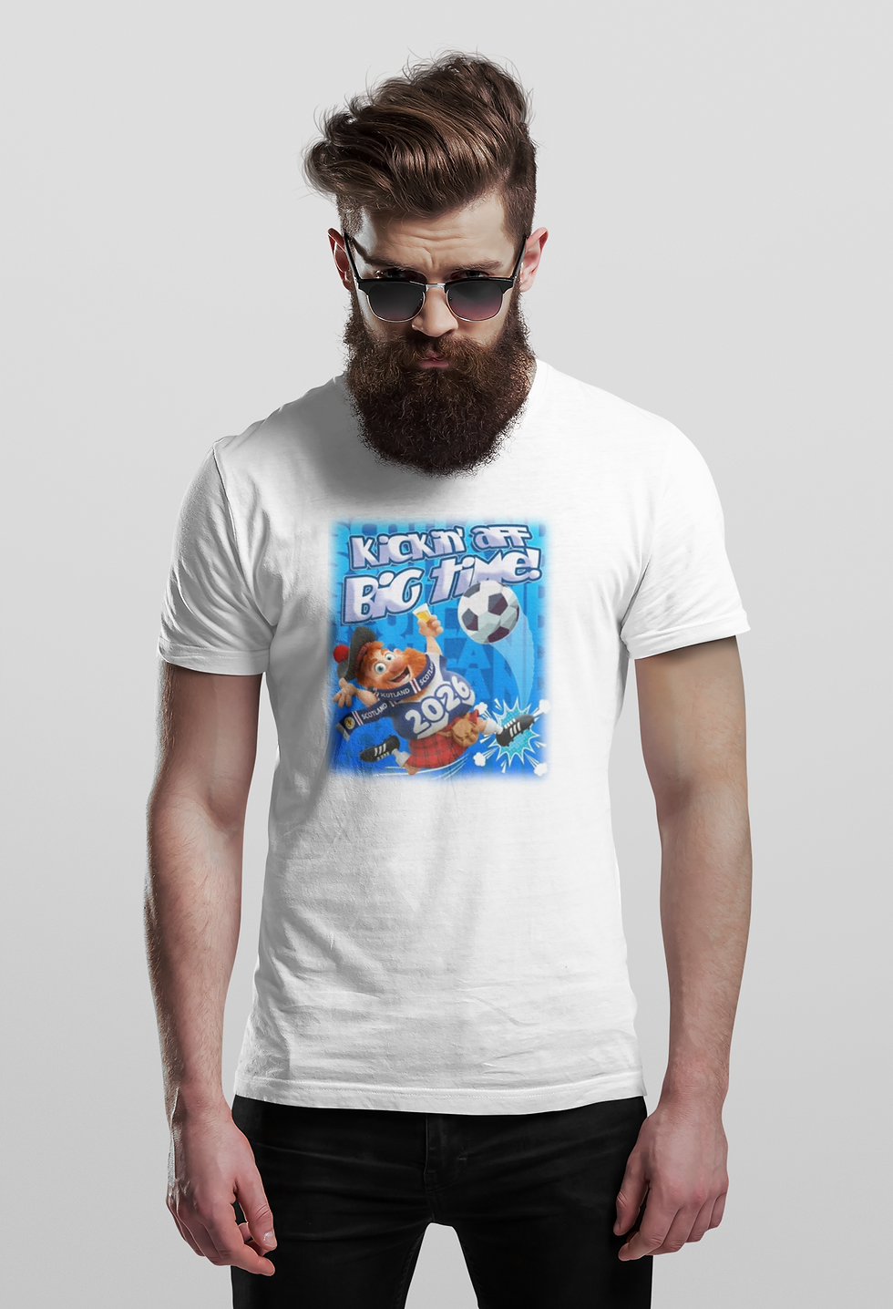 Man wearing a white scottish football cartoon t shirt by Jim Barker