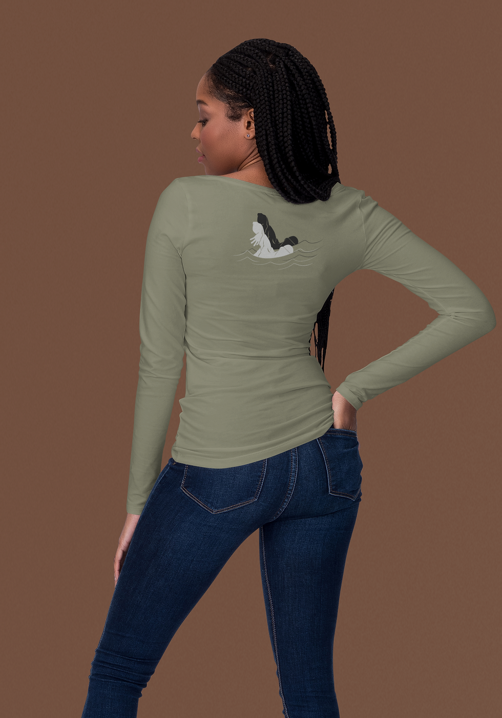 Thumbnail: woman wearing a light green long sleeve T with a swimmer design on the back