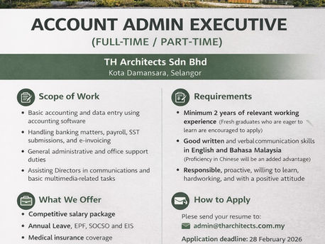 TH Architects Sdn Bhd | Account Admin Executive (Full Time / Part Time)