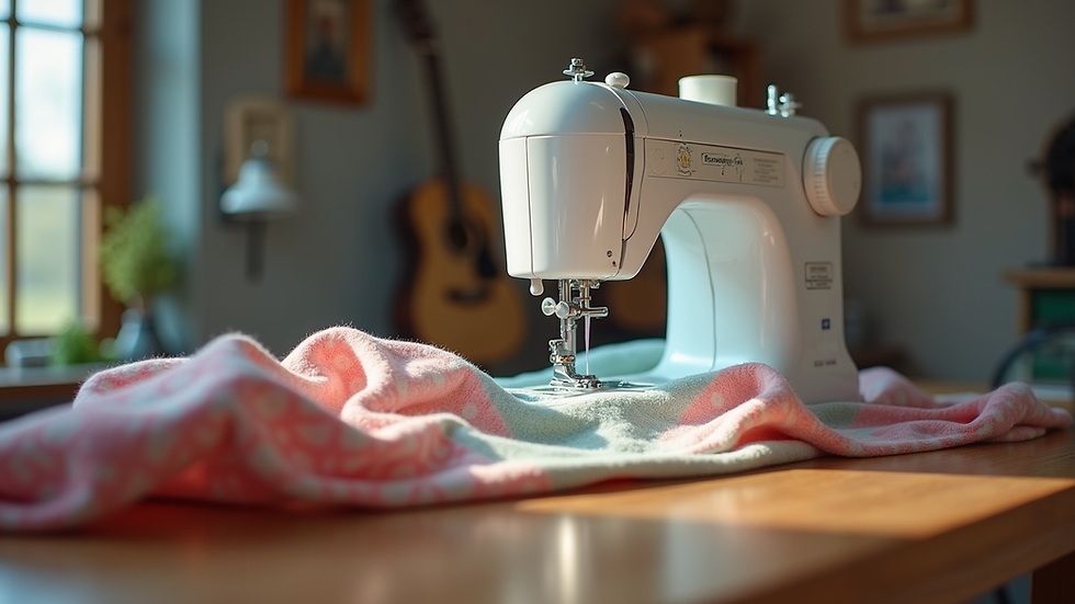 Eye-level view of sewing machine and colourful fabric on a wooden table