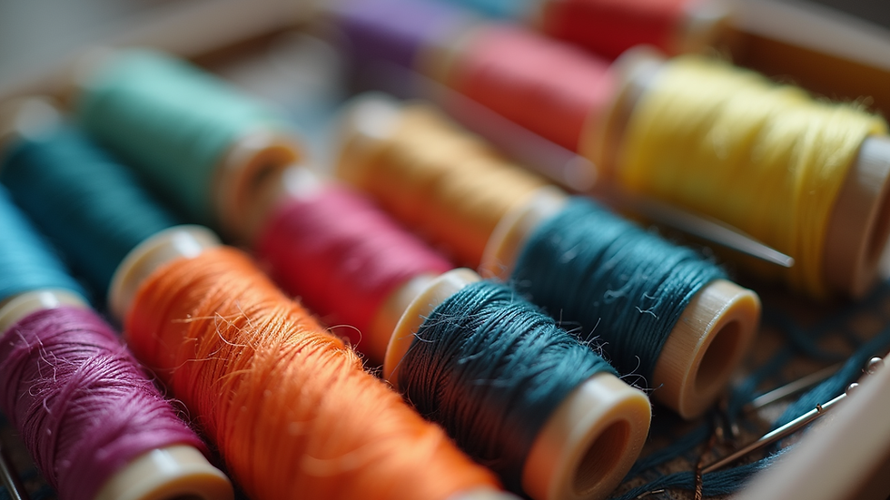Close-up view of colourful sewing threads and needles in a sewing kit