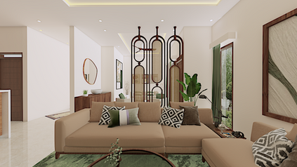 "Boho-inspired living room with taupe walls, rattan cane partition, and lush interior plants."