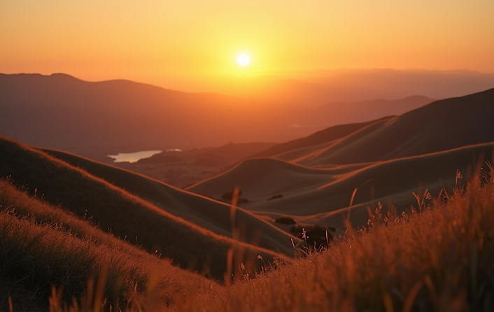 A scenic-landscape-shot-captures-rolling-hills-under-warm-sunrise-showcasing-cultural-trib