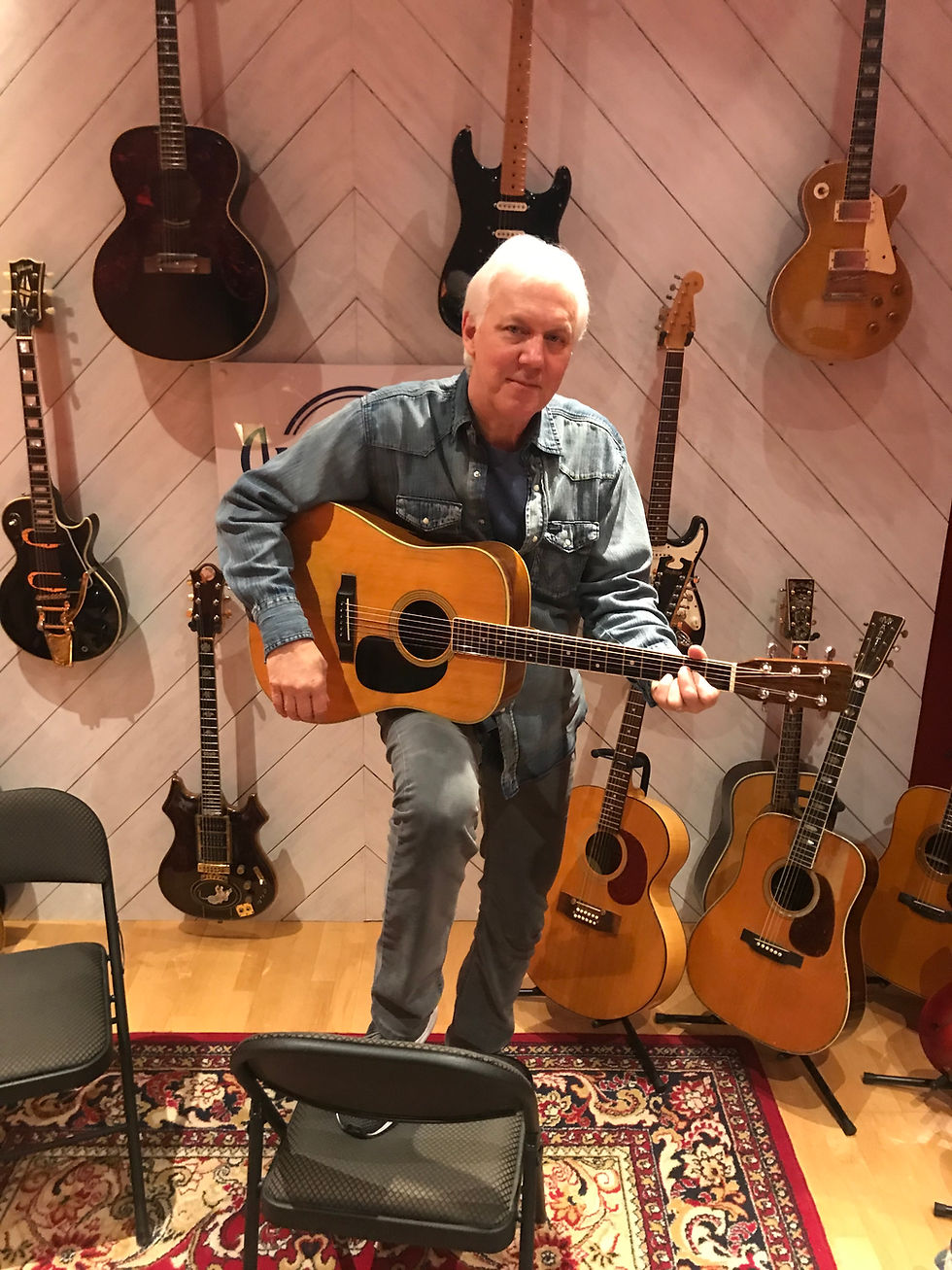 David Gilmour's Martin D-35. This is the guitar he wrote all of his well known Pink Floyd songs on. It sold for 2.4 million. The black electric guitar just behind my head is David Gilmour's famous "Black Strat" Fender guitar. It sold for over 14.5 million.